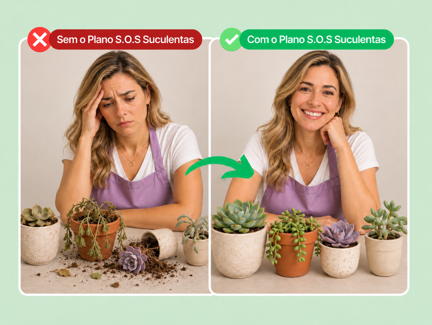 Comparação ilustrativa completa: sem o Plano S.O.S Suculentas, mulher preocupada com plantas sofridas; com o plano, a mesma mulher sorrindo com as plantas saudáveis nos mesmos vasos