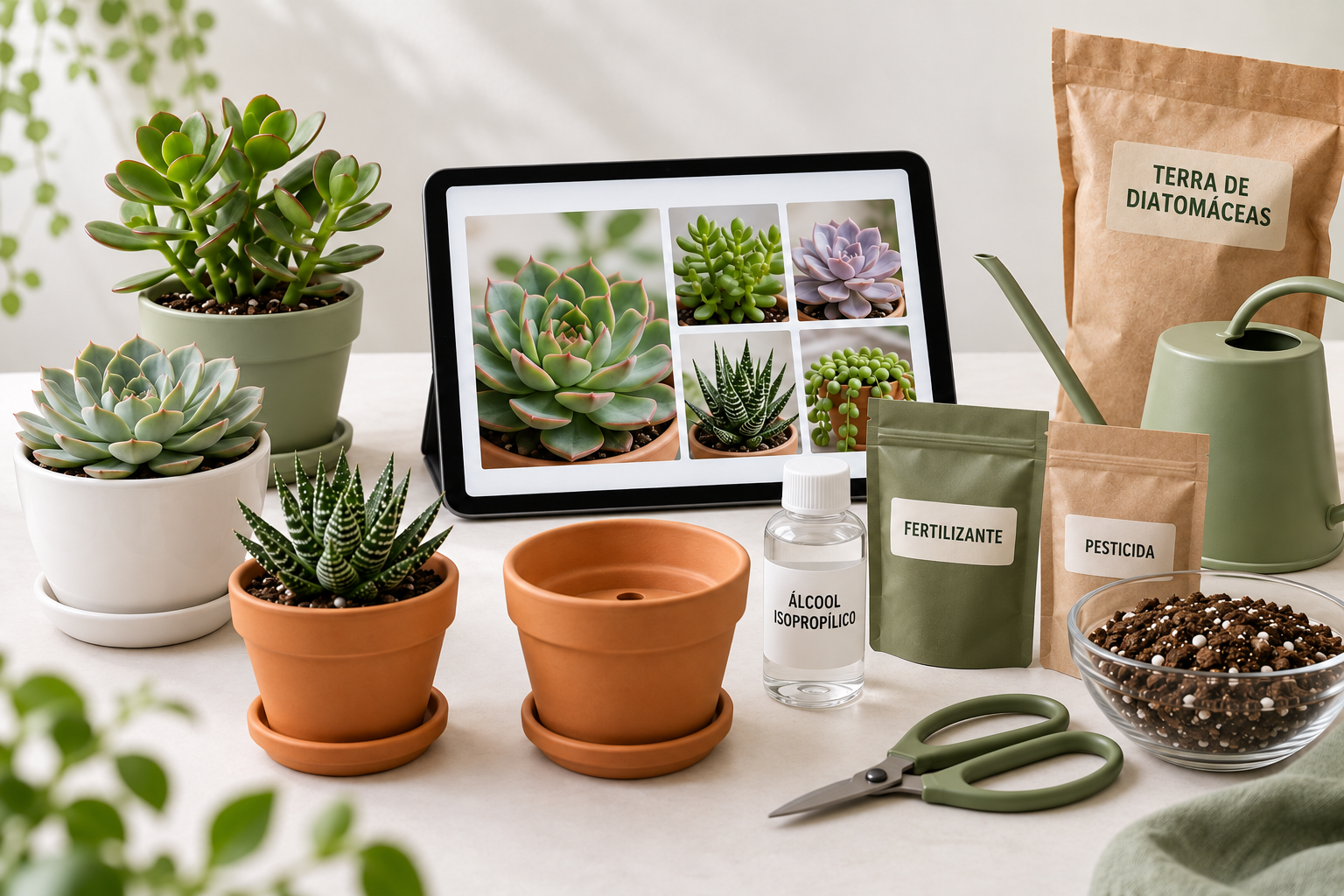 Suculentas em vasos variados, aulas no tablet e produtos de cuidado reunidos em uma bancada organizada