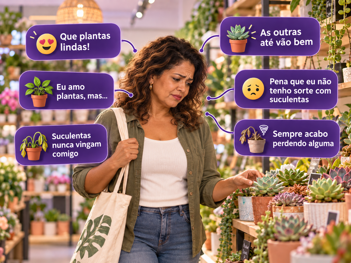 Mulher em uma loja de plantas admirando as suculentas e pensando que cuida bem das outras plantas, mas não tem sorte com elas