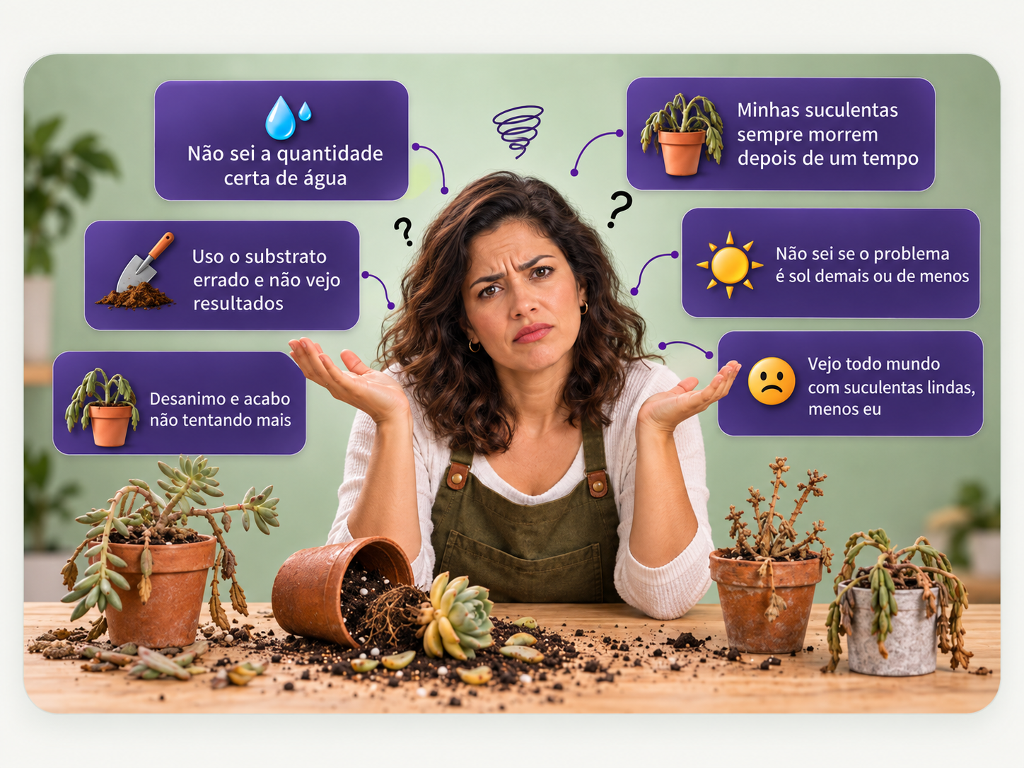 Mulher preocupada com suculentas sofridas e dúvidas sobre a quantidade de água, o substrato, a luz e por que suas plantas morrem